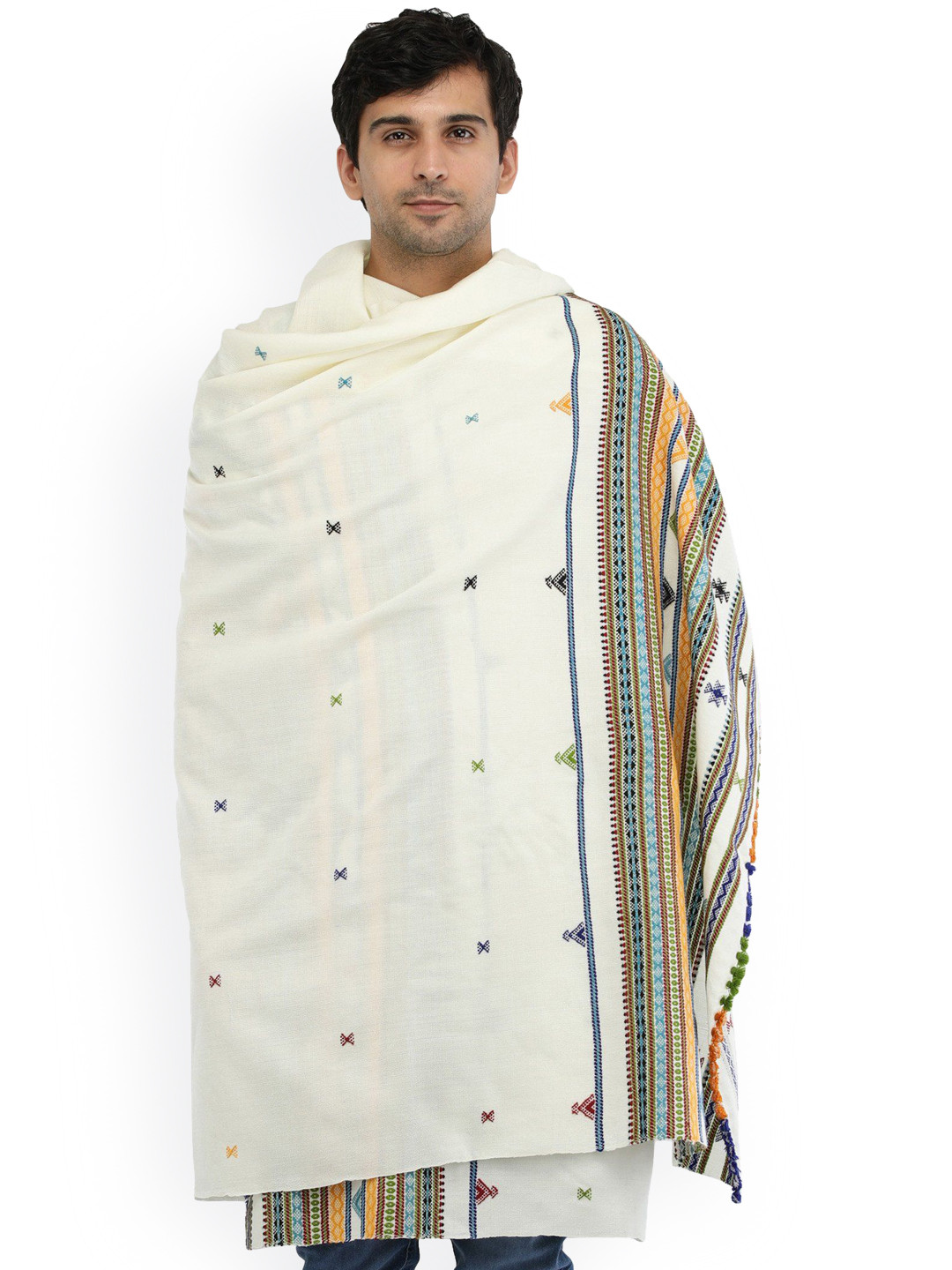 Exotic India Light Yellow Men's Pure Wool Shawl with Thread Weave on Border