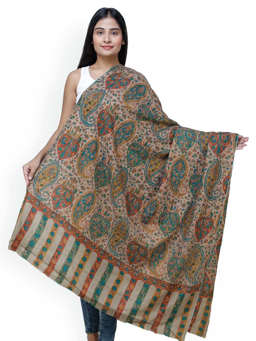Exotic India Dune Brown Kani Pashmina Kashmiri Shawl with Kalamkari Hand Embroidery