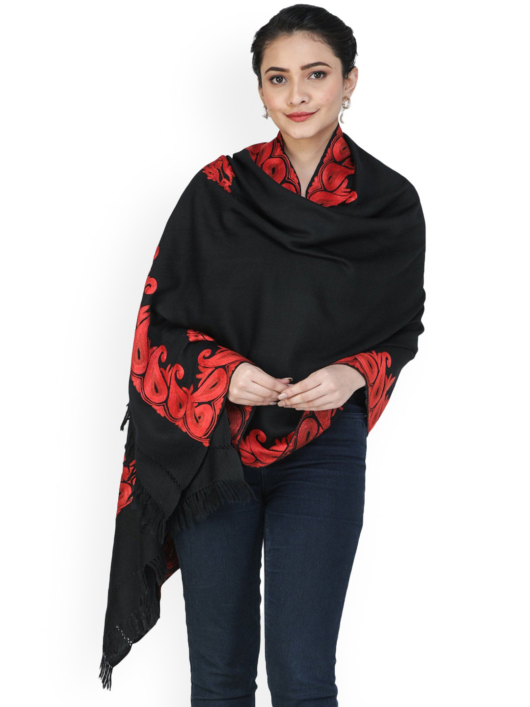 Exotic India Scarlet Black Woolen Kashmiri Shawl with Aari Hand-Embroidered Paisley Border