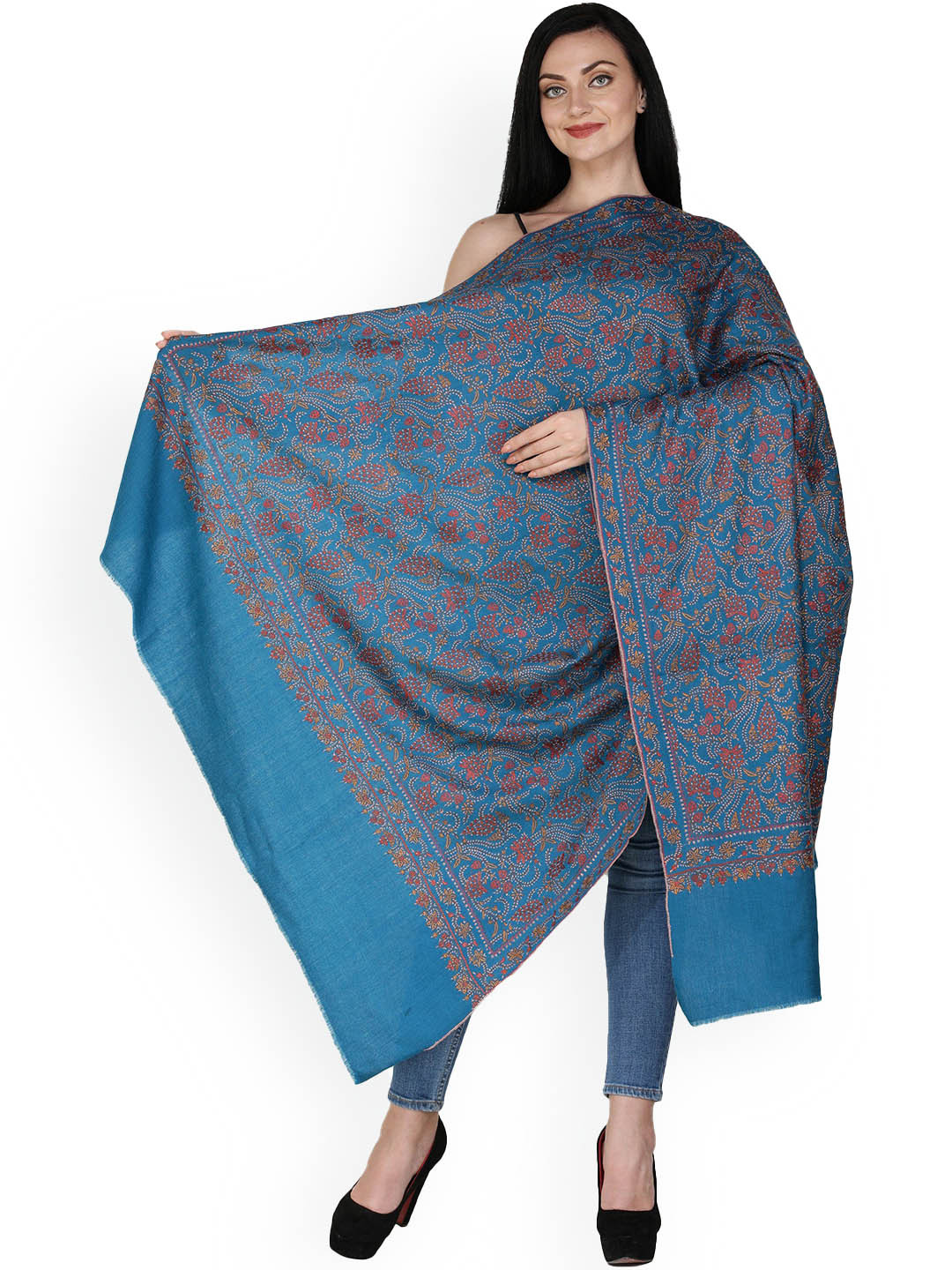 Exotic India Celestial Blue Pure Wool Sozni Embroidered Floral Vines Kashmiri Tusha Shawl