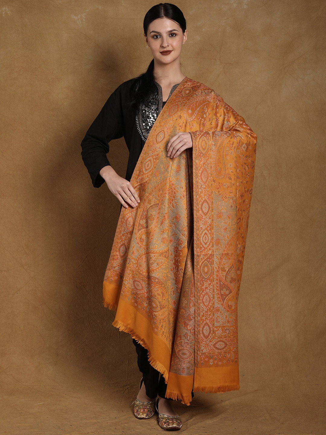 Exotic India Golden Orange Reversible Jamawar Wool Shawl with Woven Paisleys