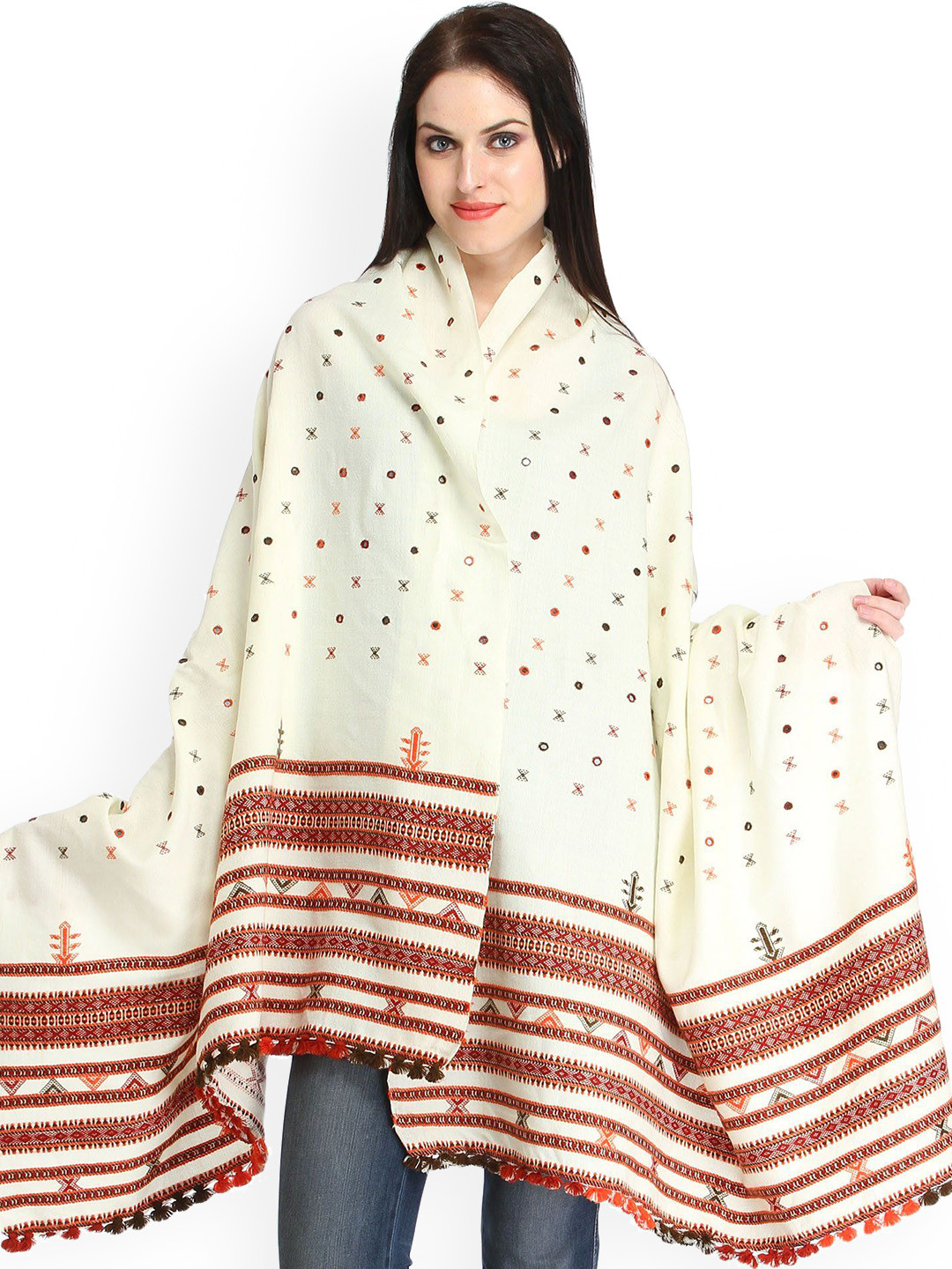 Exotic India Cream Pure Wool Shawl with Woven Border and Embroidered Mirrors
