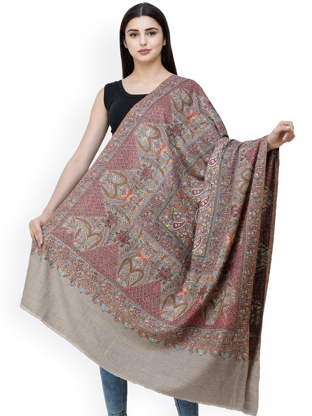 Exotic India Simply Taupe Pure Pashmina Kashmiri Shawl and Sozni Hand-Embroidery in Thread