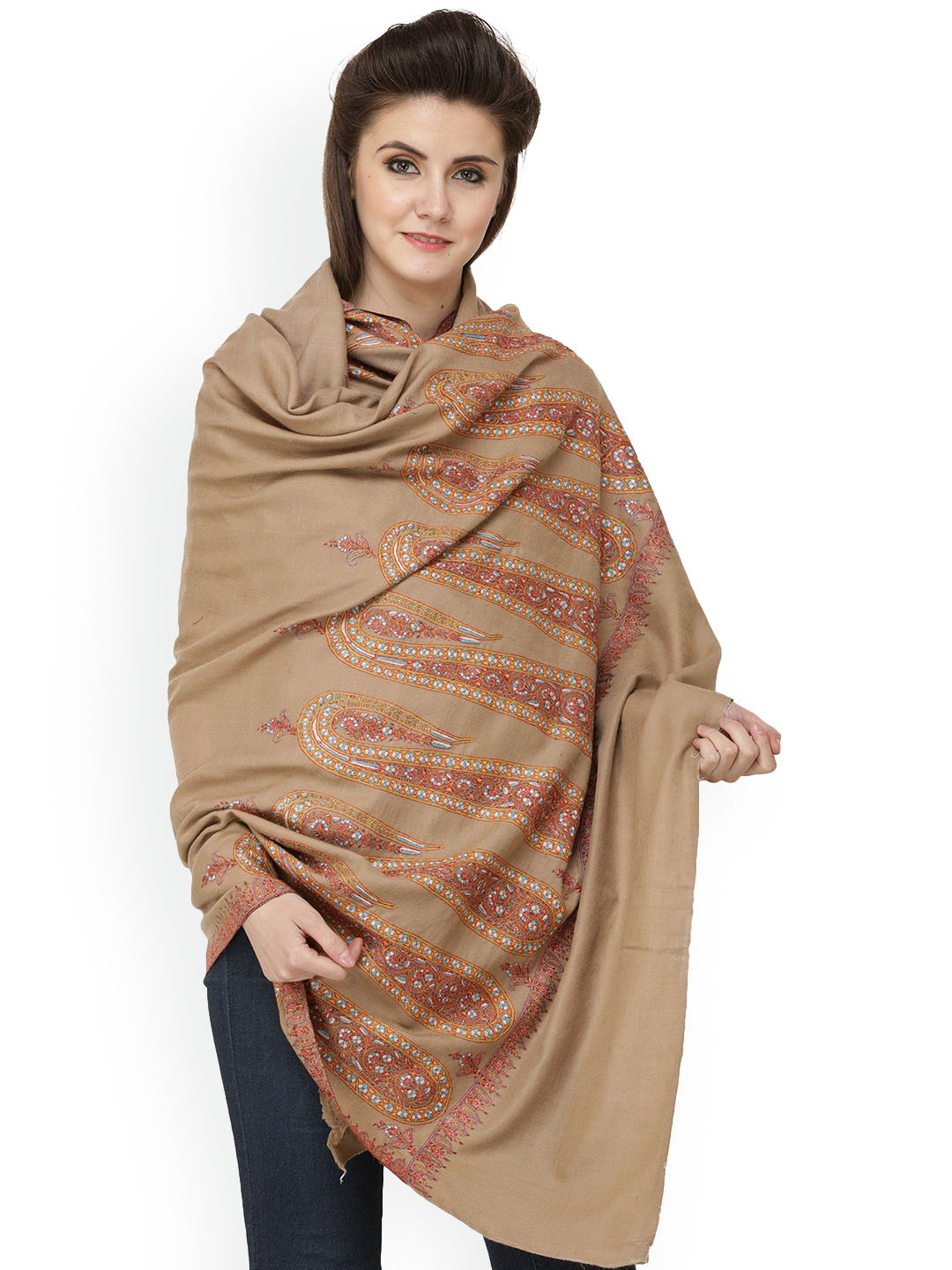 Exotic India Corn Stalk Pure Pashmina Handloom Shawl with Sozni Embroidered Giant Paisley