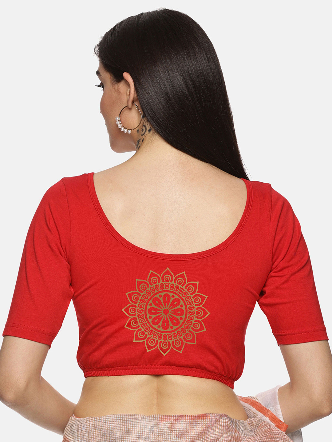 NOT YET by us Plus Size Back Printed Stretchable Saree Blouse