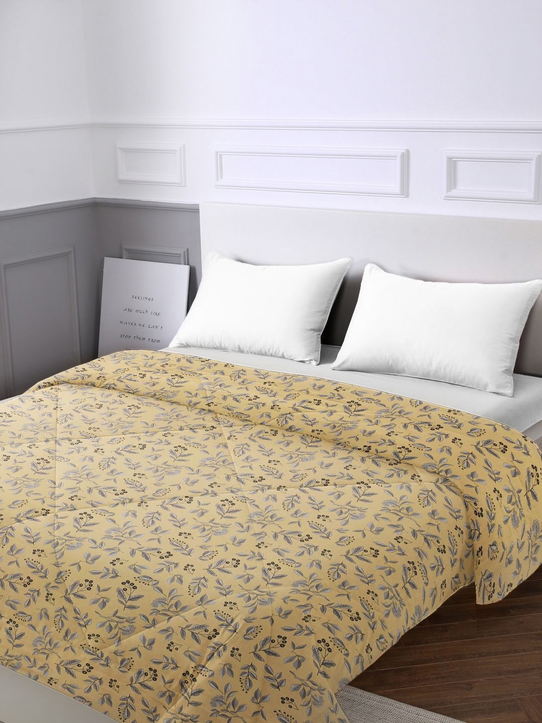 URBAN DREAM Yellow & Grey Floral AC Room 120 GSM Cotton Double Bed Comforter