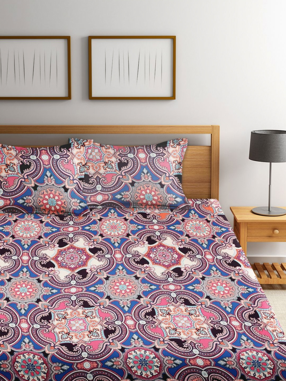 RAGO Peach Ethnic Motifs Microfiber 210 TC Queen Fine Bedsheet with 2 Pillow Covers-94 x 94 inches