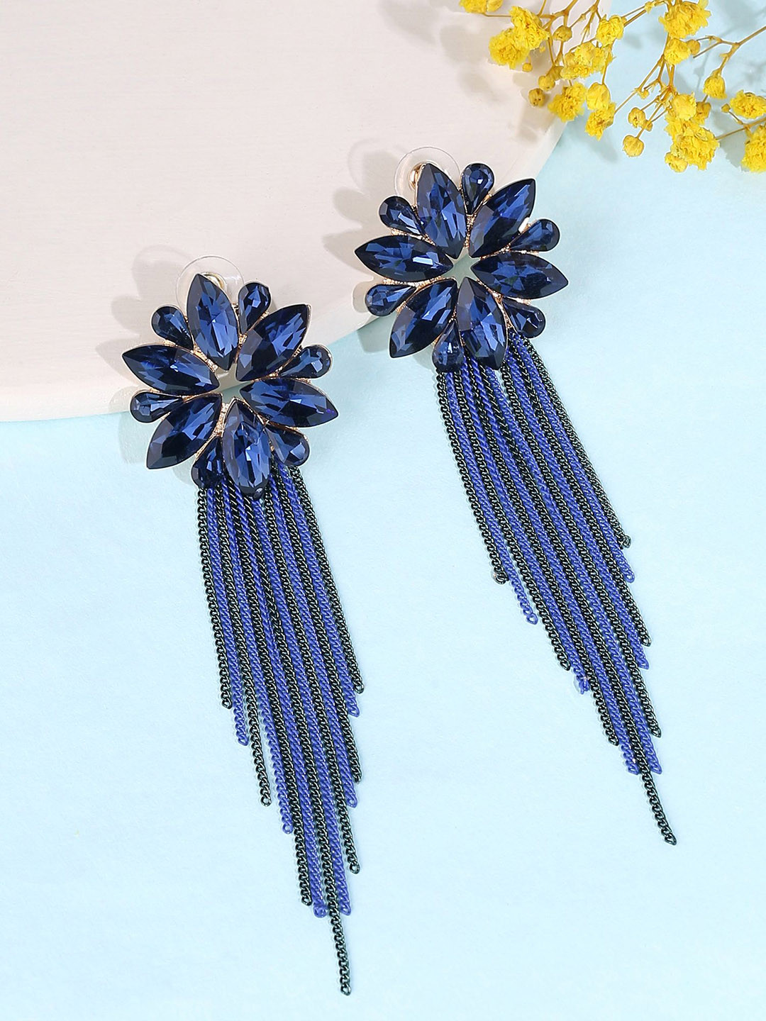 Yellow Chimes Blue Contemporary Crystals Drop Earrings