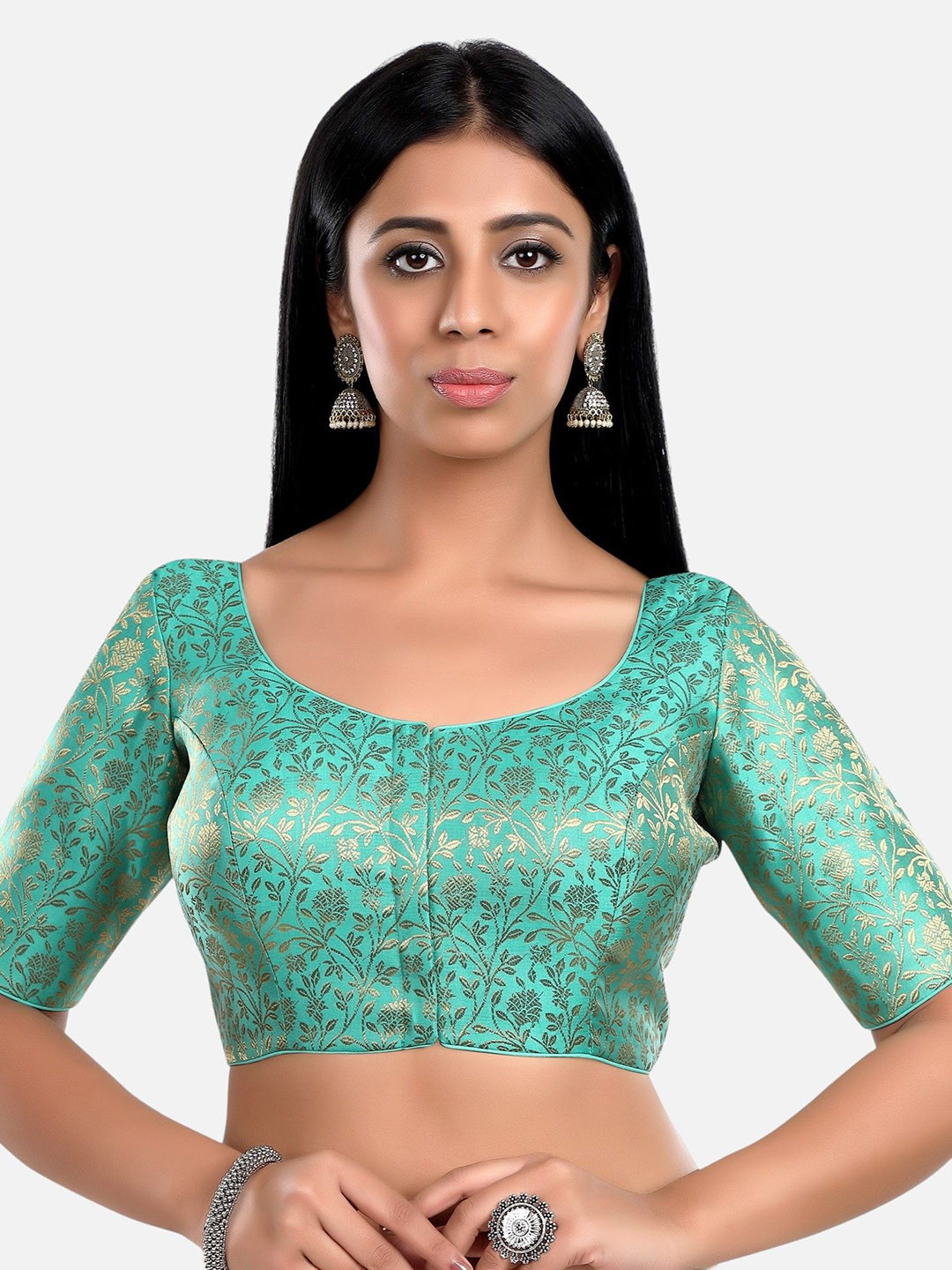 Biyu Round Neck Short Sleeves Woven-Design Saree Blouse