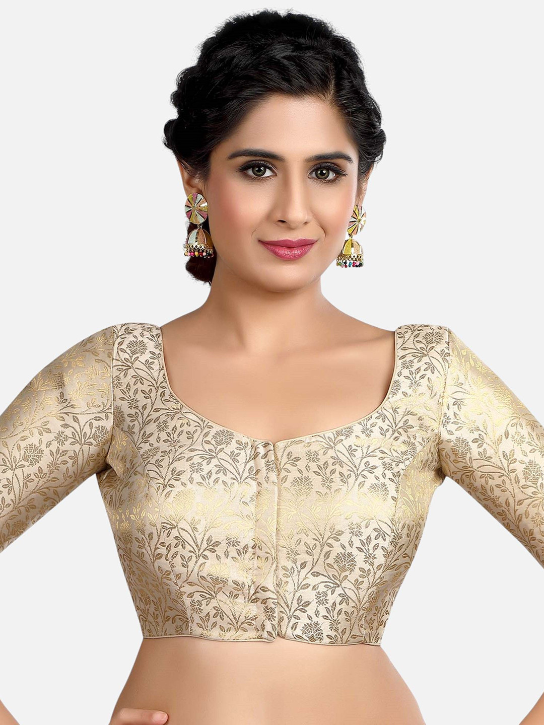 Biyu Round Neck Short Sleeves Woven-Design Short Sleeve Saree Blouse