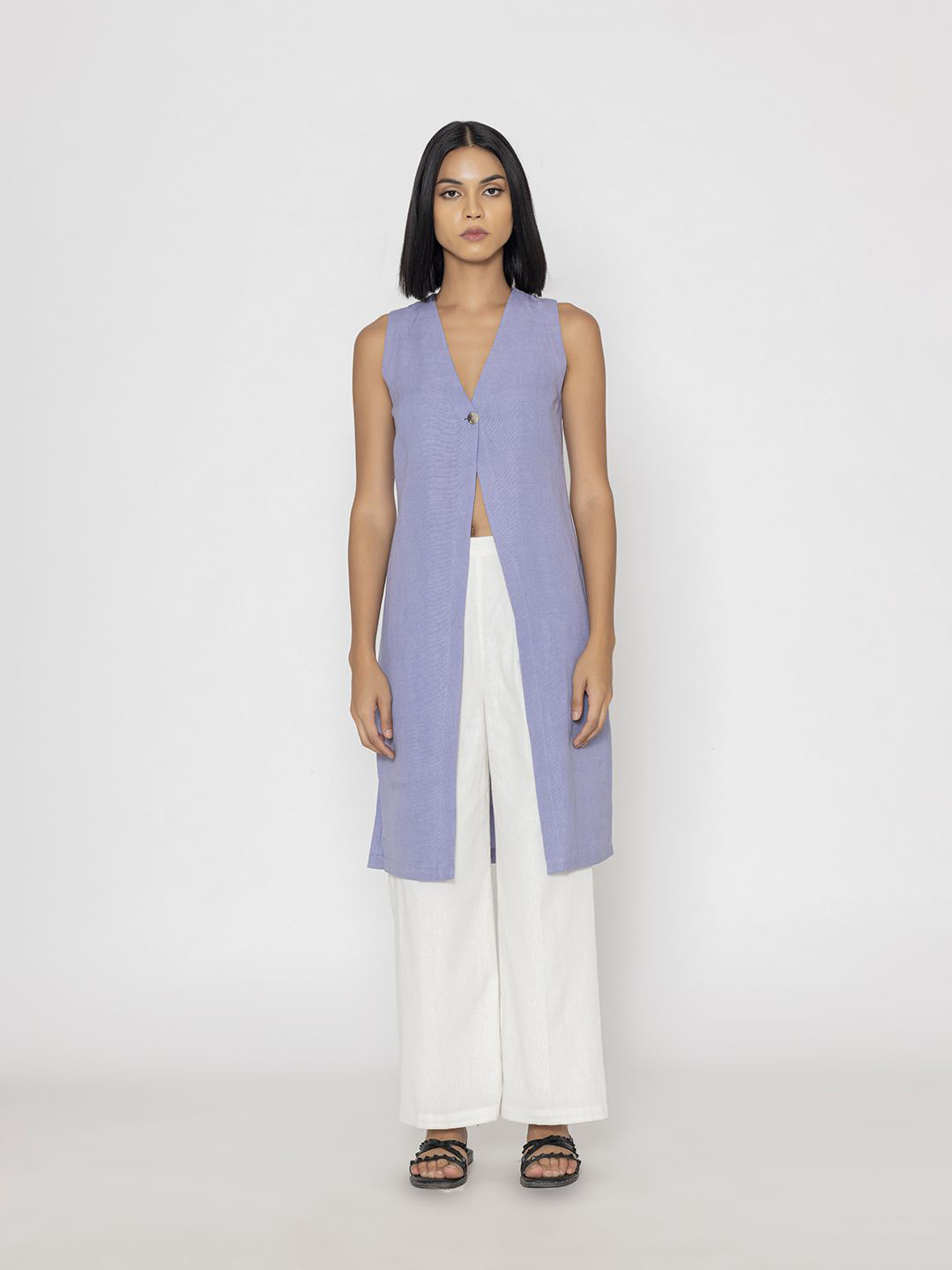 Contemponari Azure Echo V-Neck Sleeveless Longline Linen Tunic