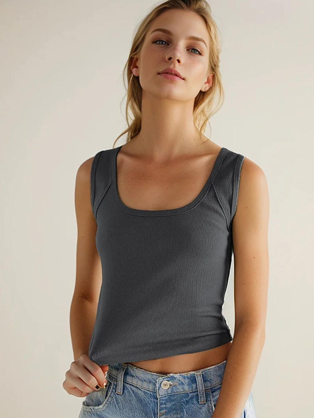 LULU & SKY Dark Grey Scoop Neck Sleeveless Crop Top