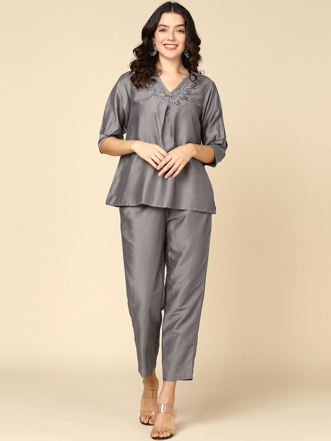 Shiv ali apparels V-Neck Top With Trousers