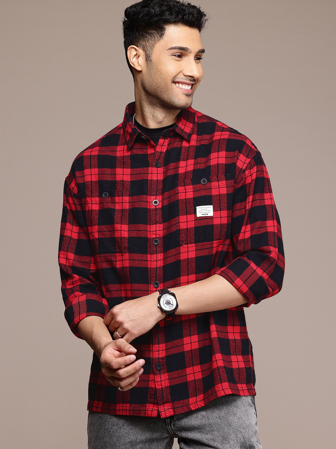 WROGN Tartan Checks Drop-Shoulder Sleeves Flannel Pure Cotton Oversized Casual Shirt