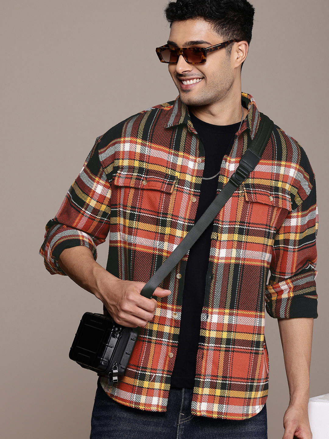 WROGN Tartan Checks Drop-Shoulder Oversized Casual Shirt