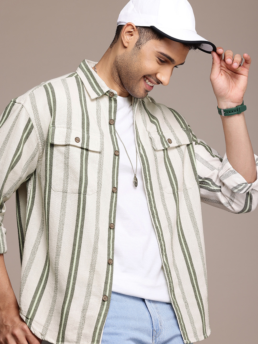 WROGN Striped Knitted Oversized Casual Shirt