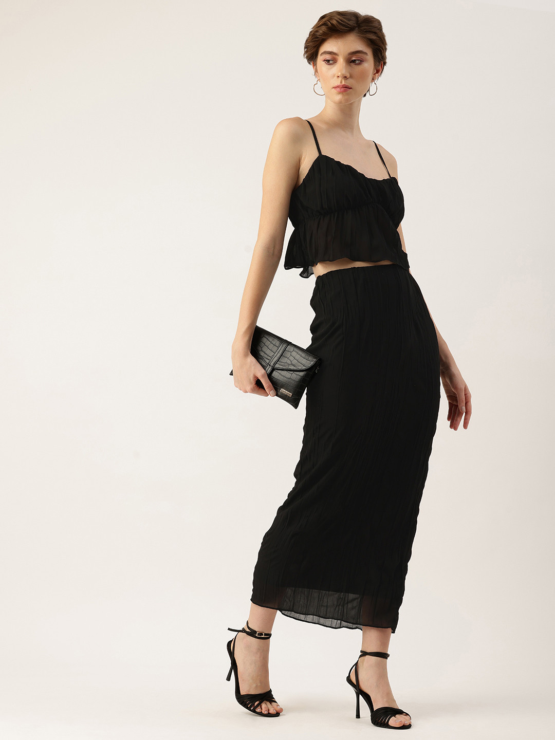 bebe Shoulder Strap Crop Top With Pleated Pencil Midi Skirt Co-Ords