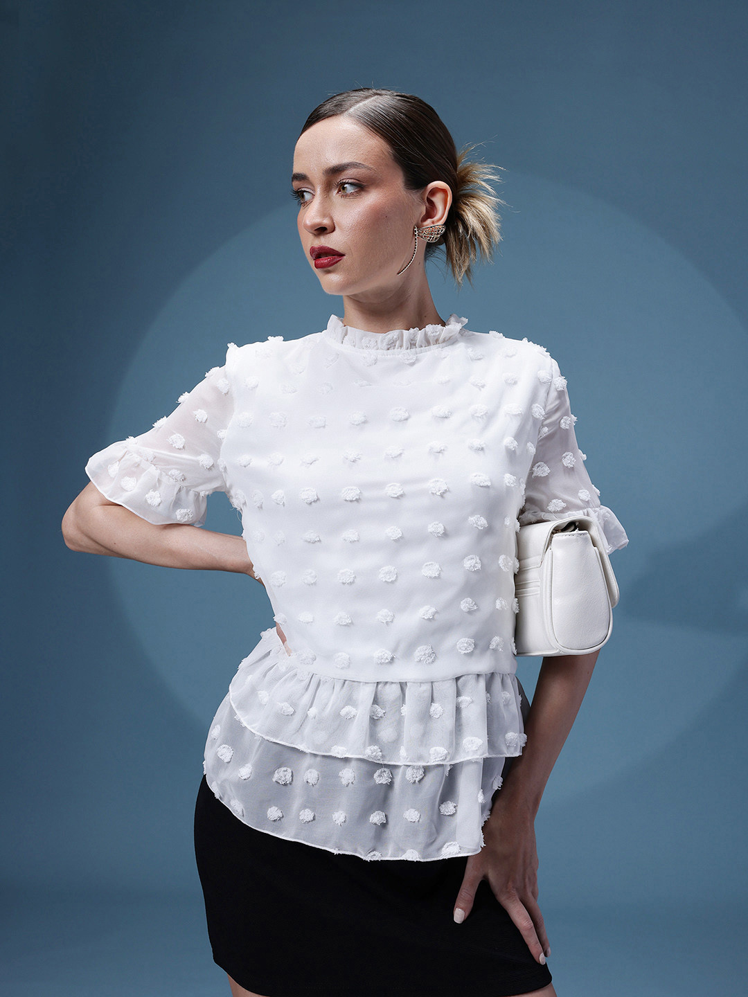 bebe All Day Dobby Weave Layered Detail Bell Sleeves A-Line Top