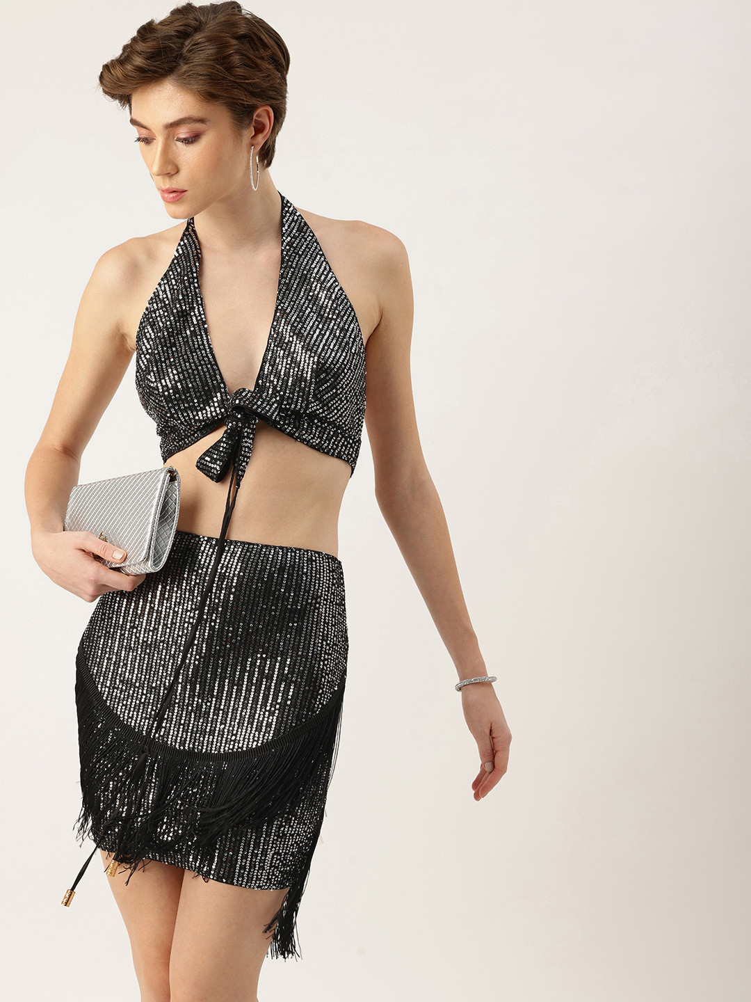 bebe Sequin Halter Neck Crop Top & Mini Fringe Detail Skirt Co-ords