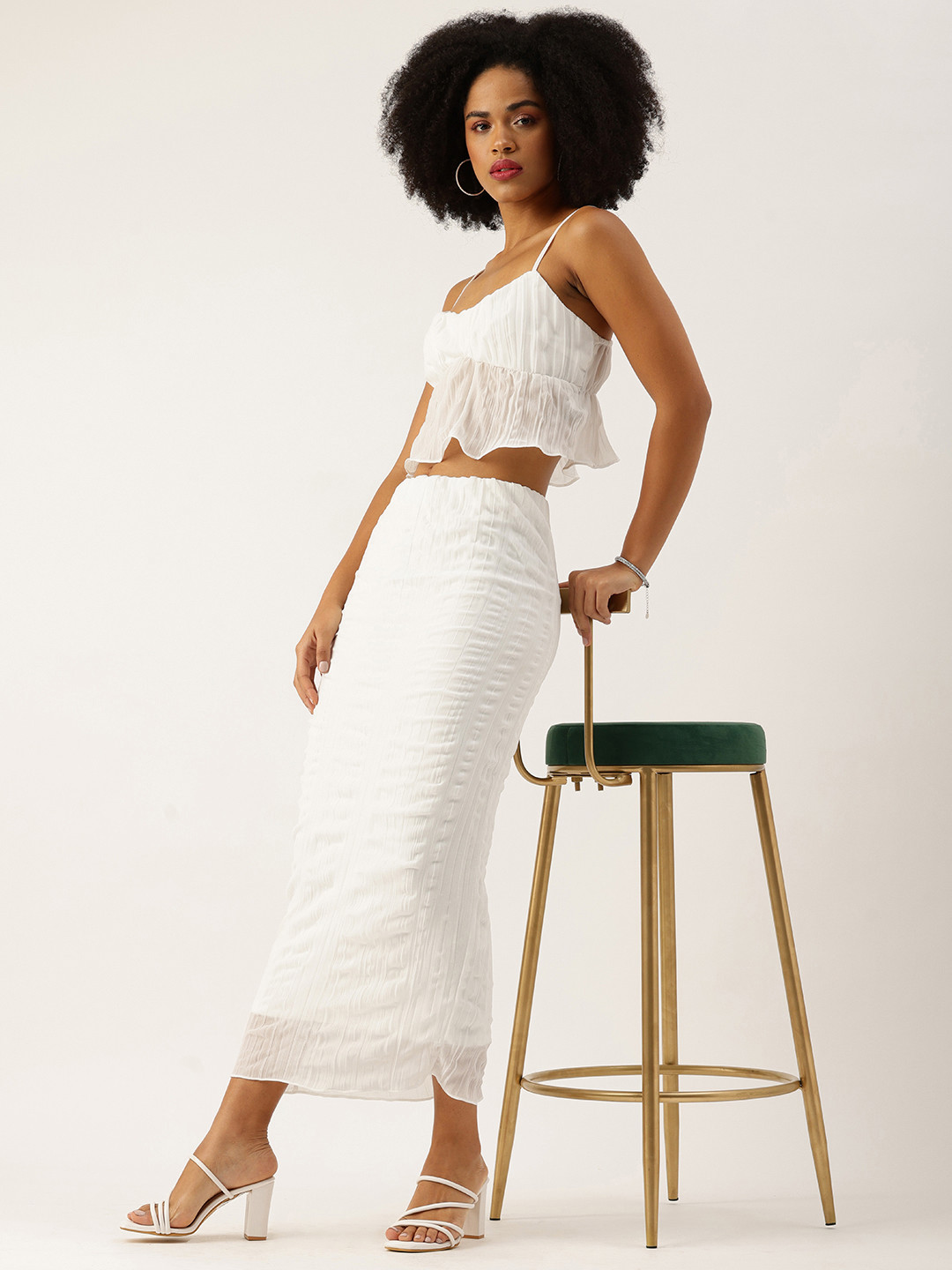 bebe Shoulder Strap Crop Top With Pleated Pencil Midi Skirt Co-Ords
