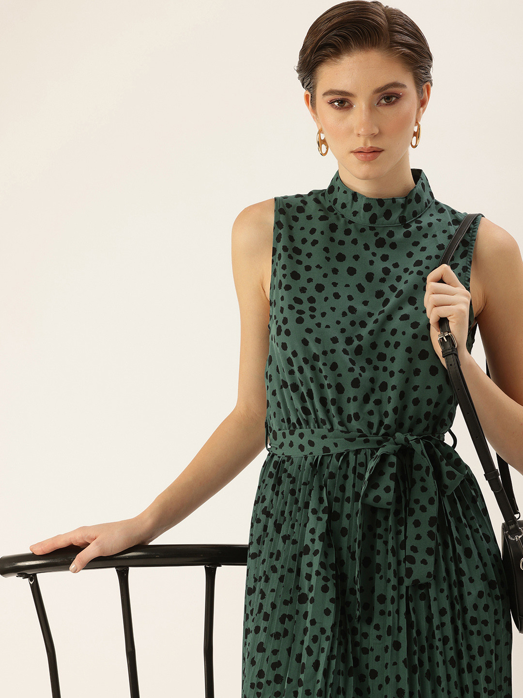 bebe Animal Printed High Neck Accordion Pleats Belted A-Line Dress