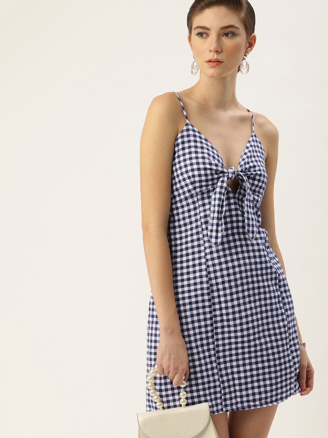 bebe Checked Shoulder Straps Tie-Ups Smocked Detail A-Line Mini Dress