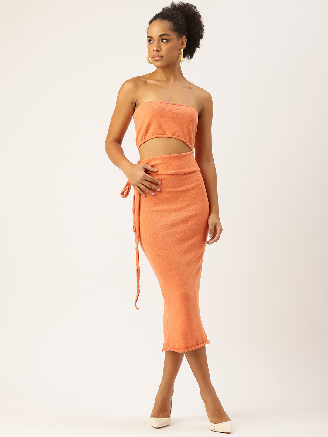 bebe Strapless Cut-Outs Tie-Up Detail Bodycon Midi Dress
