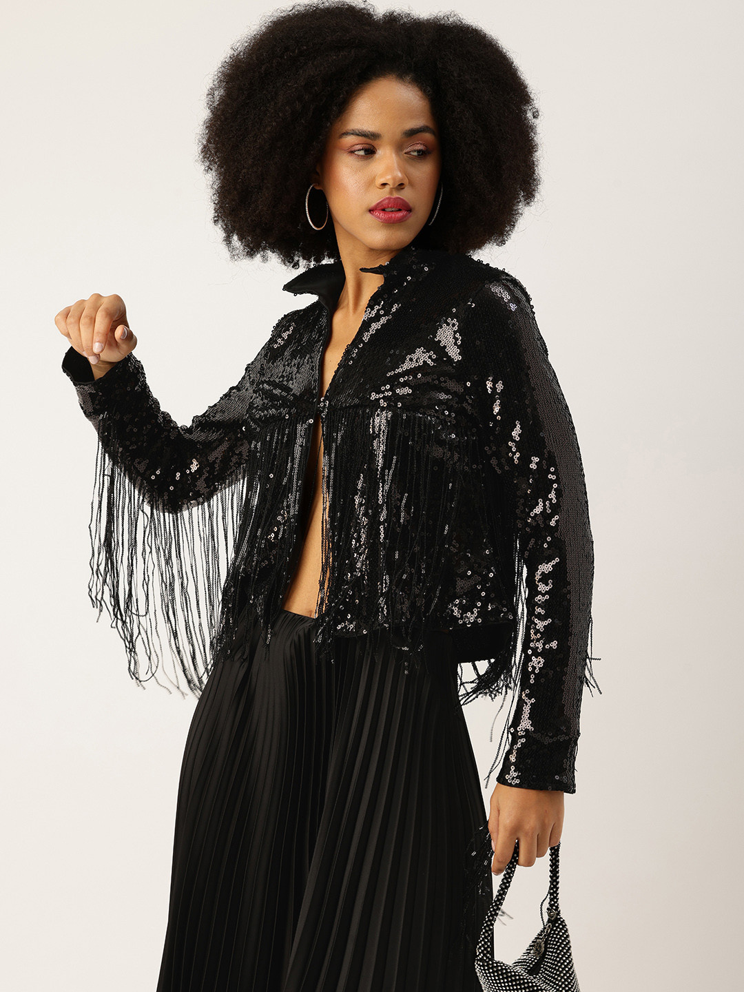 bebe Women Sequin Stand Collar Jacket with Fringe Detail