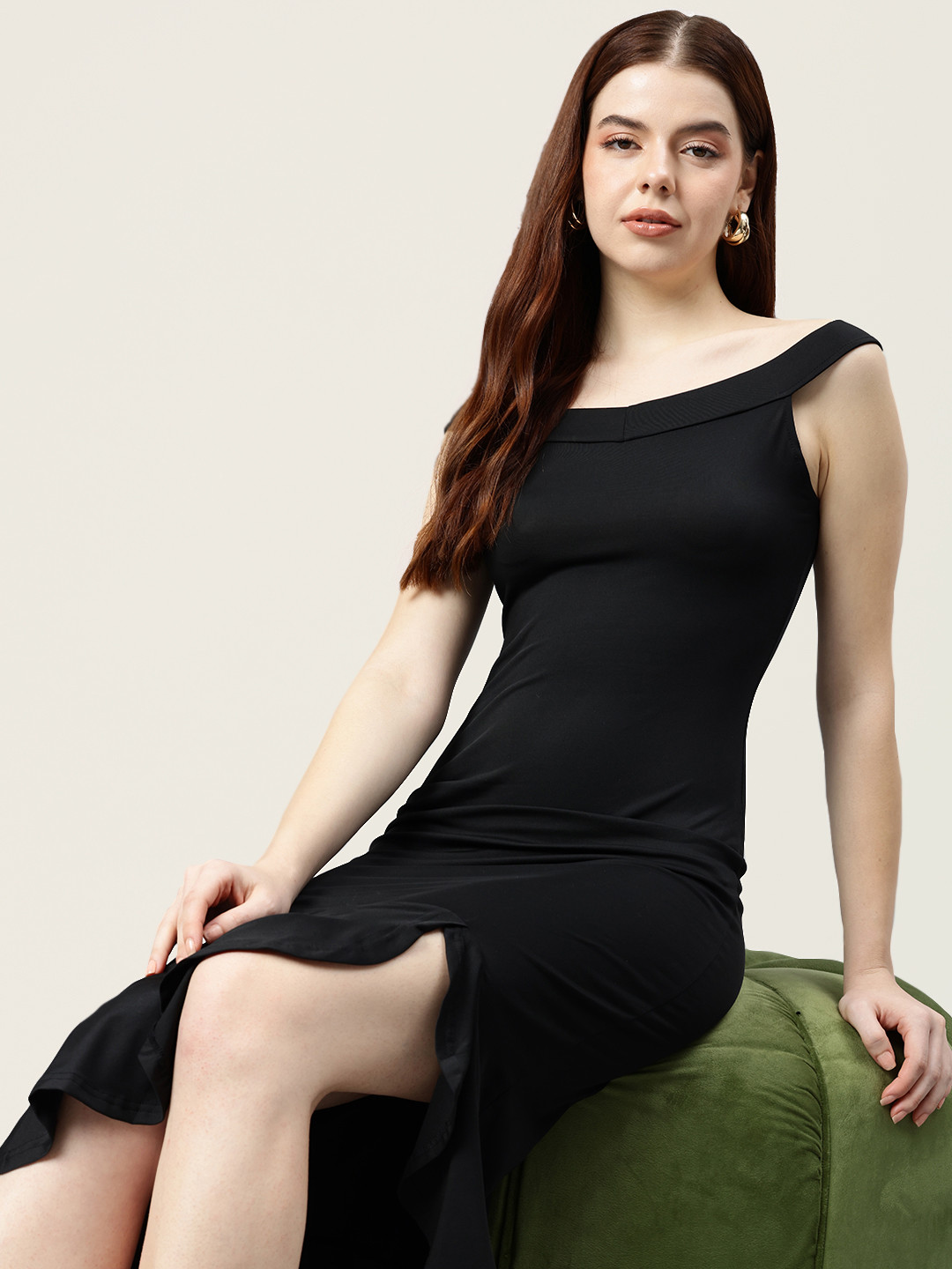 bebe Off-Shoulder Flounce Sheath Party Midi Dress