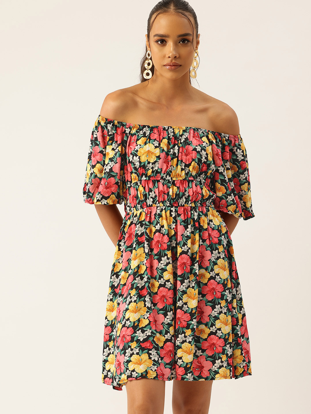 bebe Dose of Vitamin Floral Print Off-Shoulder Puff Sleeve Fit & Flare Dress