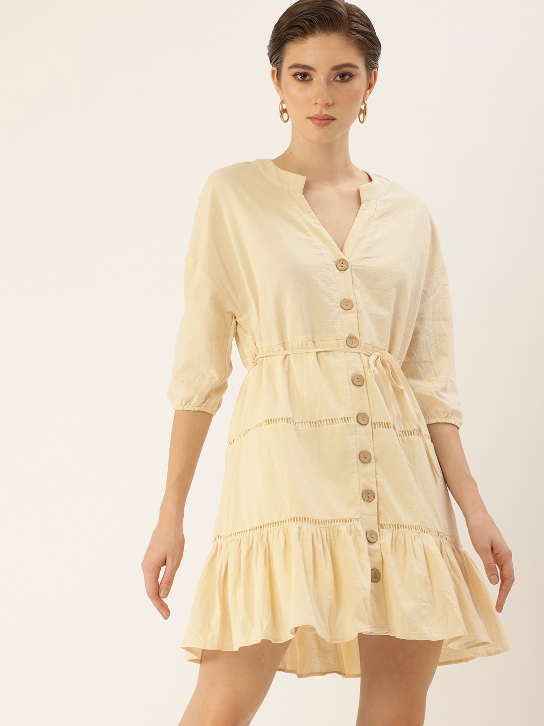 bebe Mandarin Collar Drop-Shoulder Sleeves Gathered Detail Belted A-Line Mini Dress