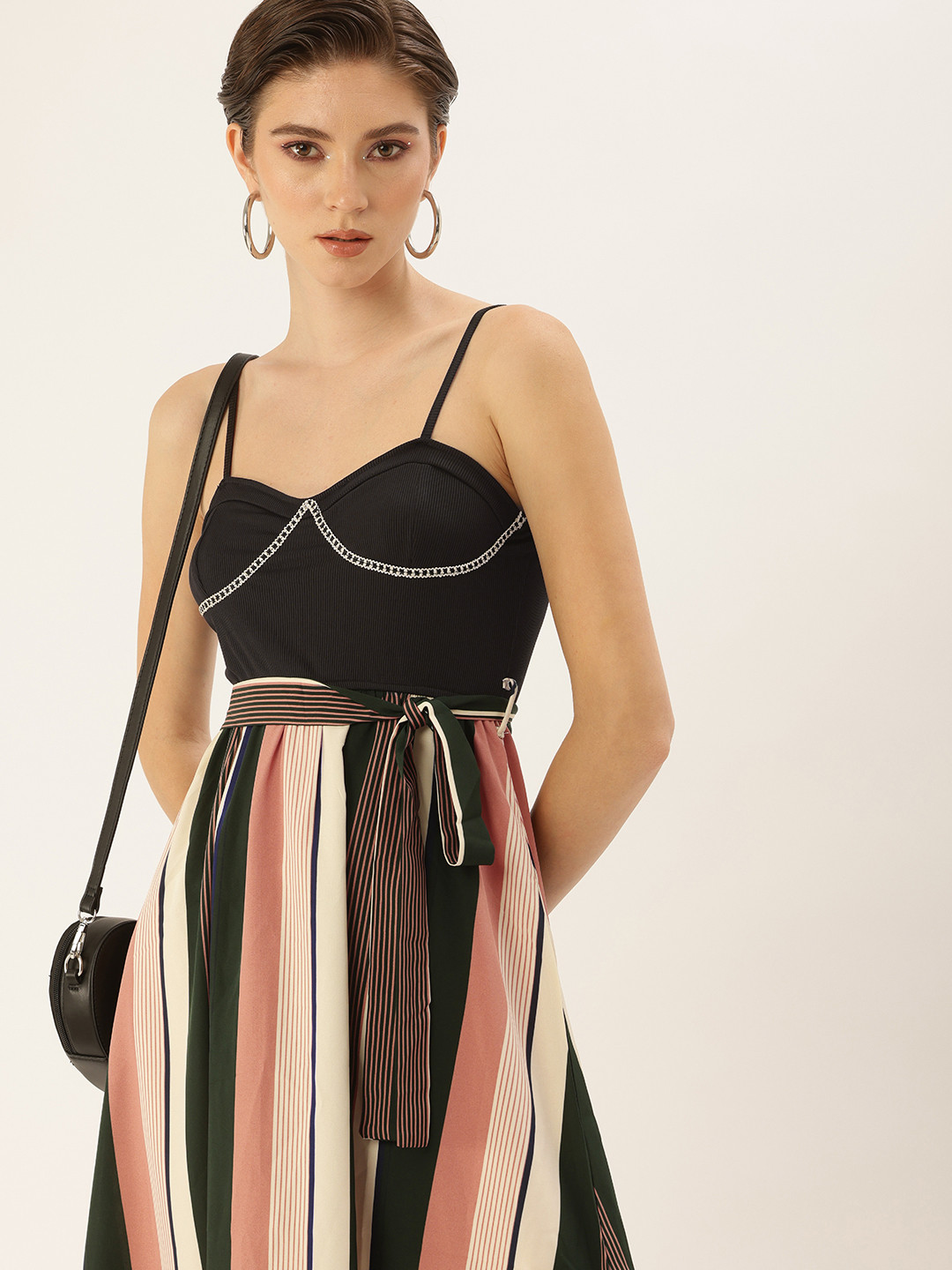 bebe Striped Shoulder Straps Belted A-Line Midi Dress