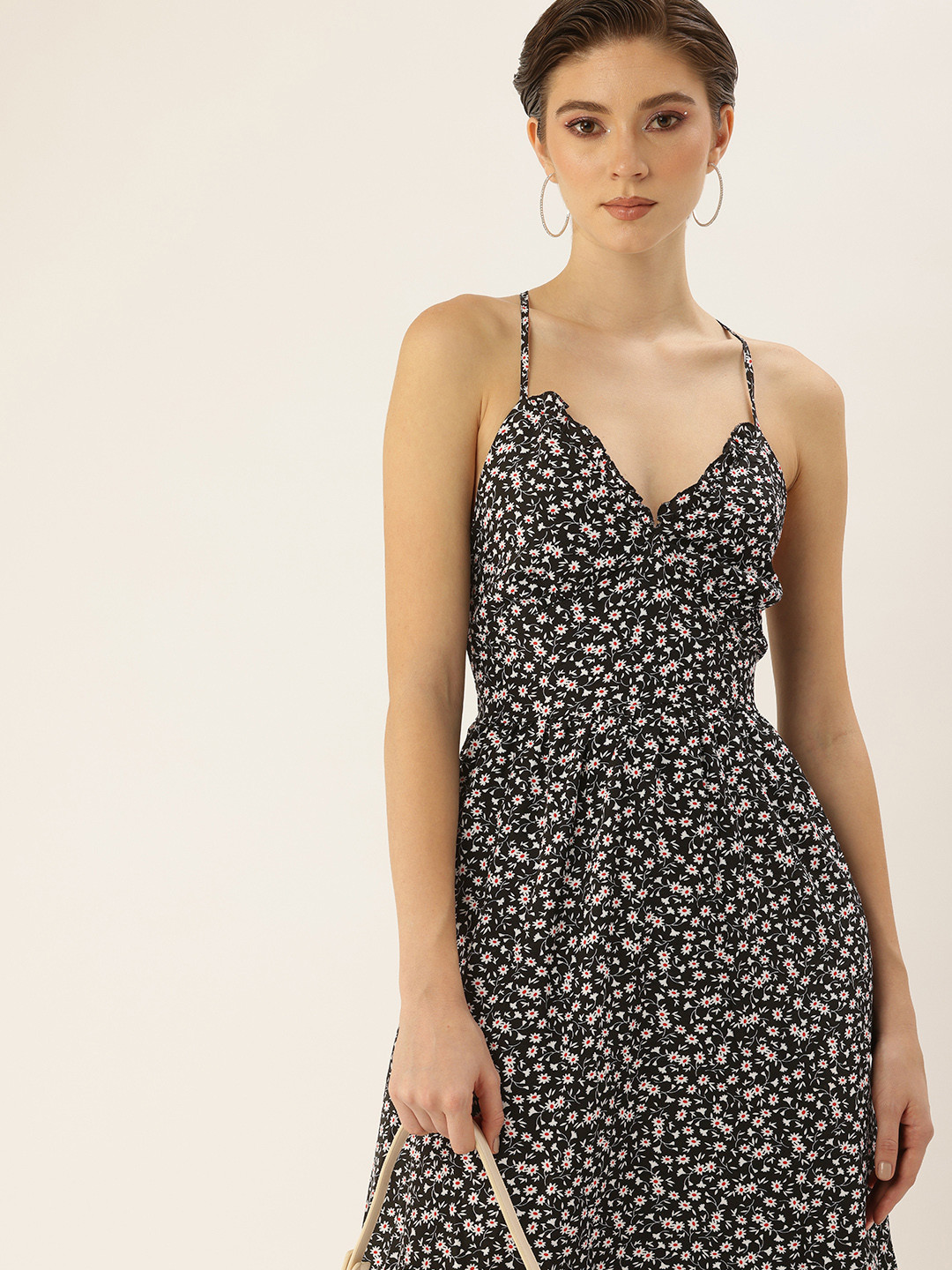 bebe Floral Print Backless A-Line Midi Dress