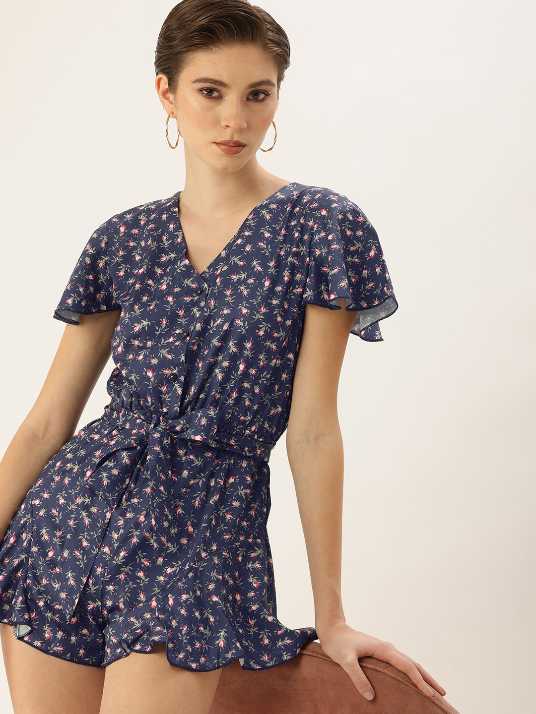 bebe Floral Printed Playsuit with Flared Sleeves & Waist Tie-Ups