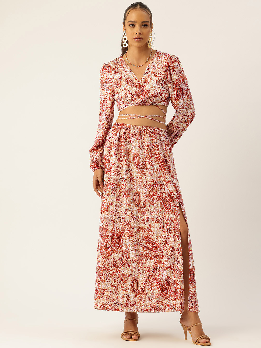 bebe All Day Pailey Printed Wrap Top With Skirt Co-Ord Set
