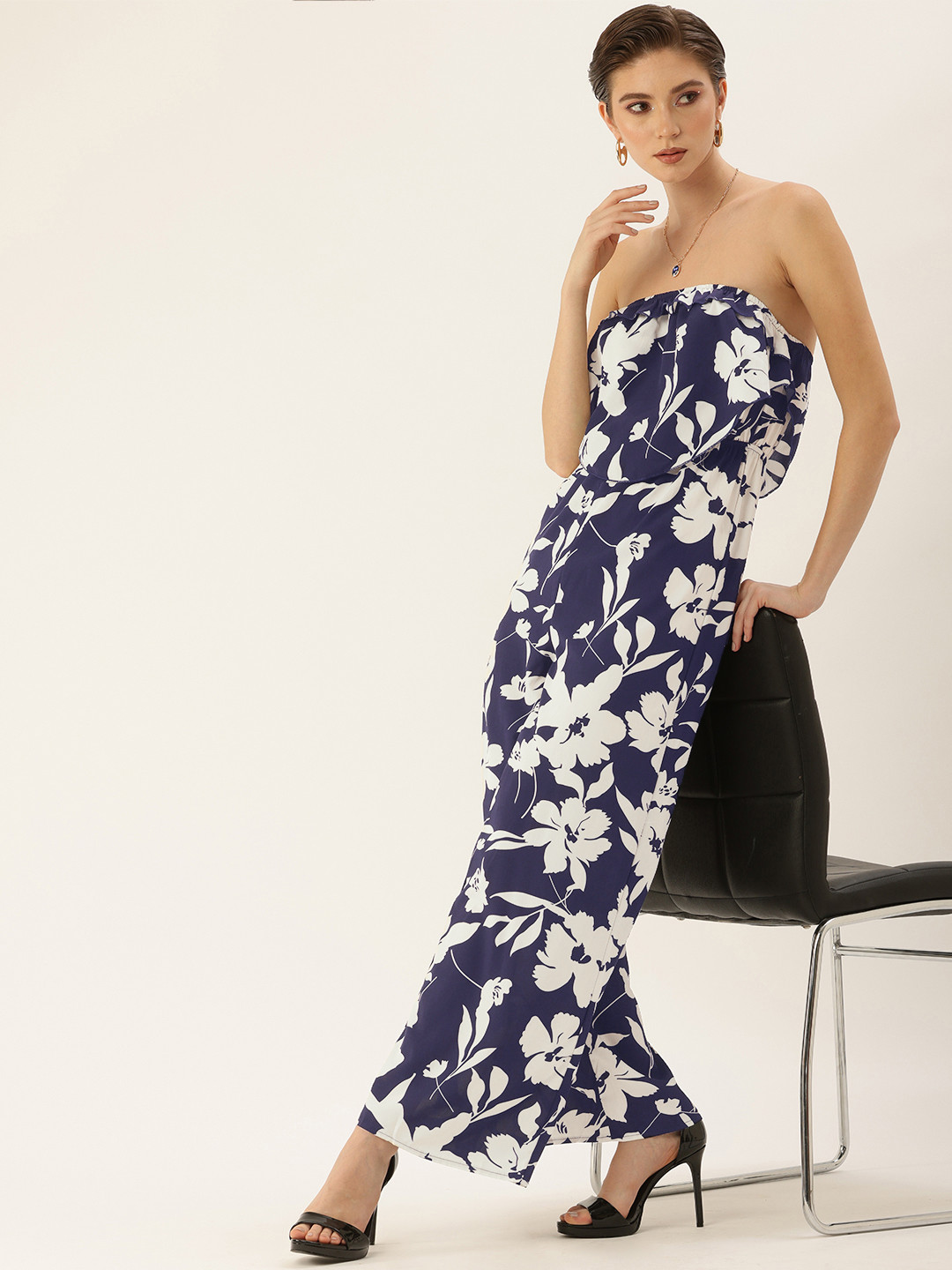 bebe Off-Shoulder Floral Printed Jumpsuit with Ruffled Detail