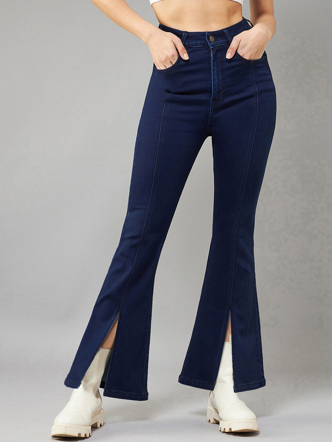 DOLCE CRUDO Strangers Alliance Women Navy Blue High-Rise Stretchable Bootcut Jeans