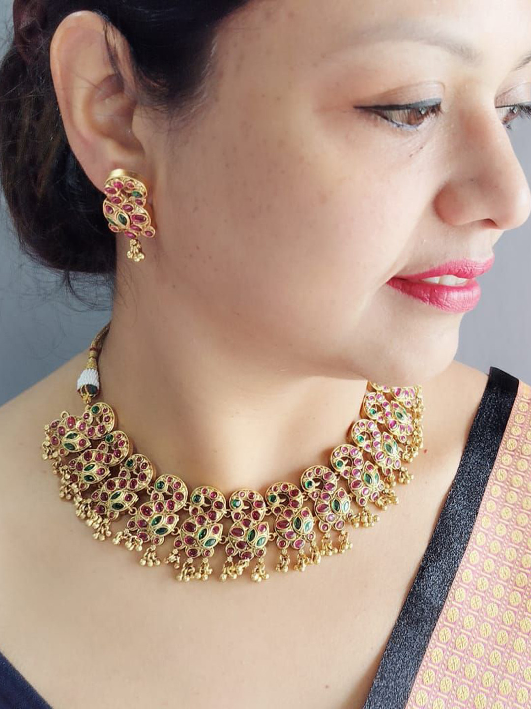 GRIIHAM Gold-Plated Kempu Stone-Studded Temple Jewellery Set