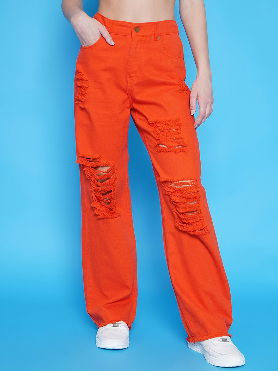 BAESD Women Highly Distressed Coloured Shade Straight Fit High Waist Ripped Denim Jeans