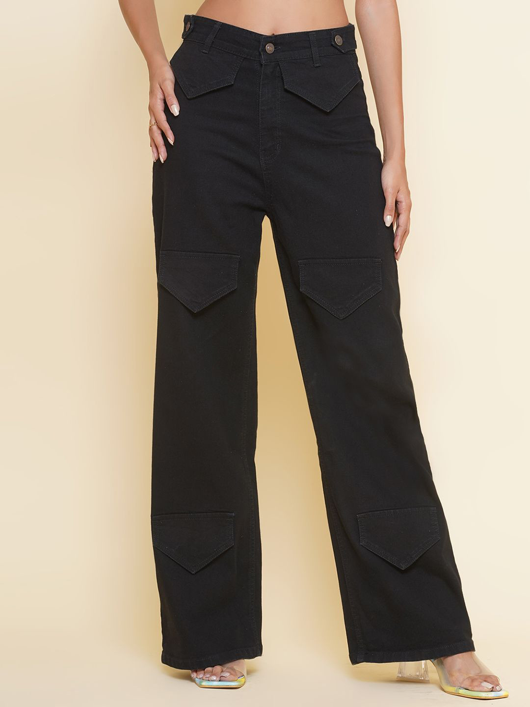 BAESD Women Clean Look No Fade Dark Shade Straight Fit High Waist Denim Cargo Jeans