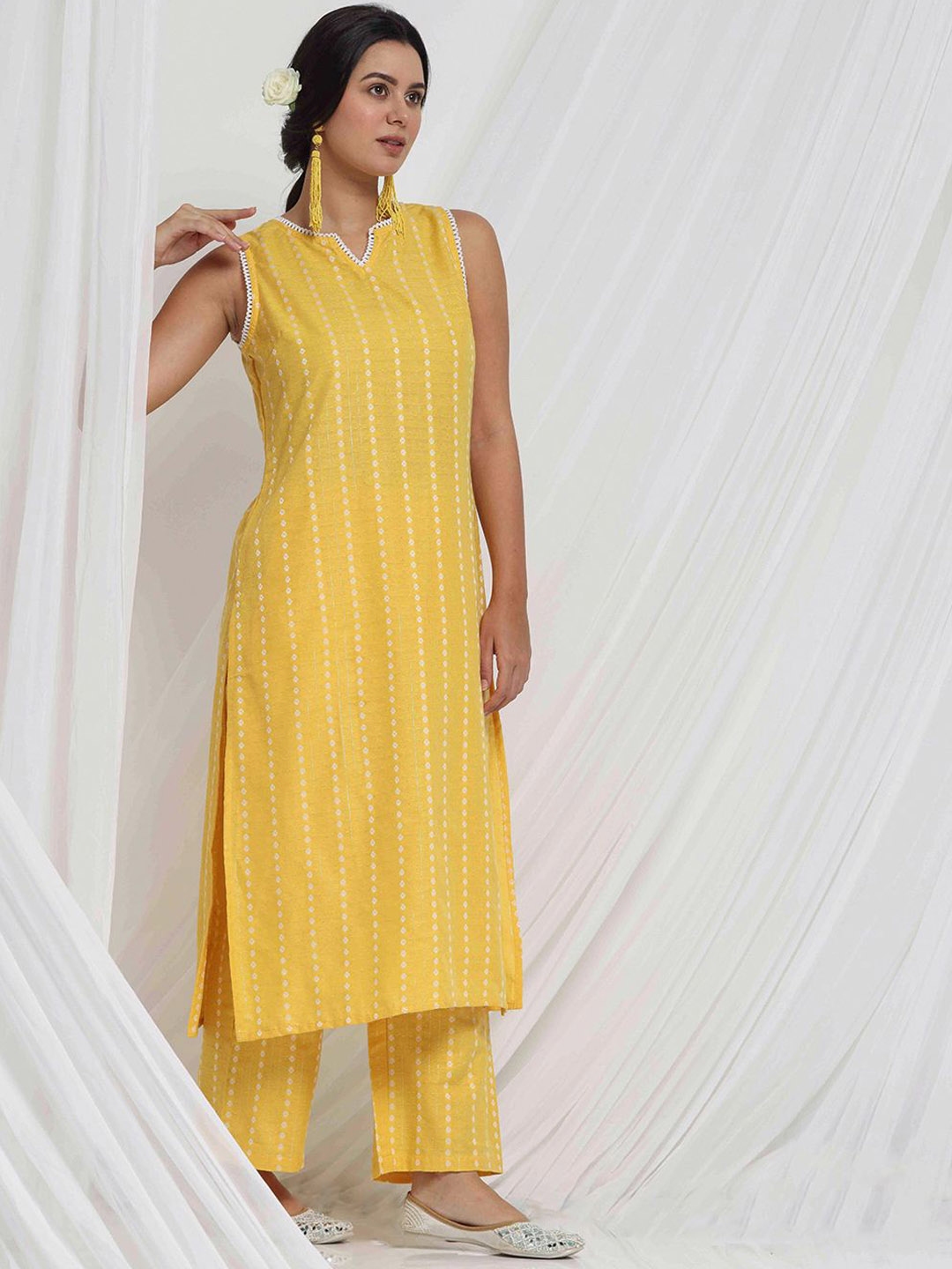 Anouk Yellow Ethnic Motifs Printed Textured Round Neck Pure Cotton Kurta With Palazzos - Kurta Sets for Women 29855929 | Myntra
