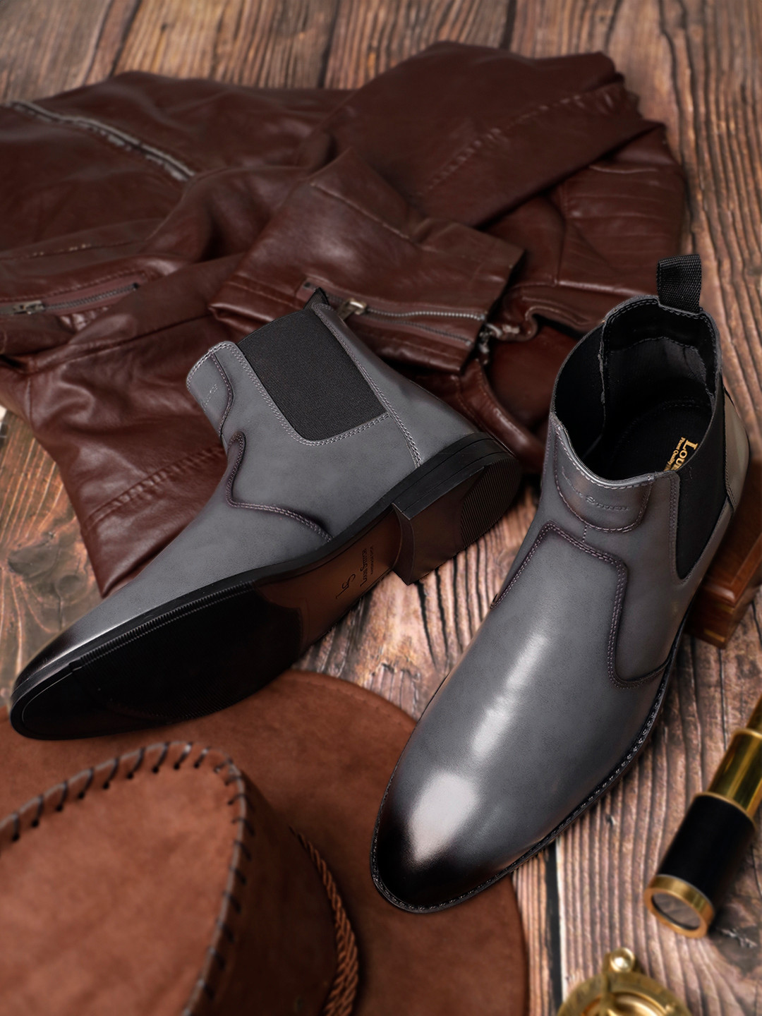 LOUIS STITCH Men Ash Grey Mid-Top Slip-On Chelsea Boots