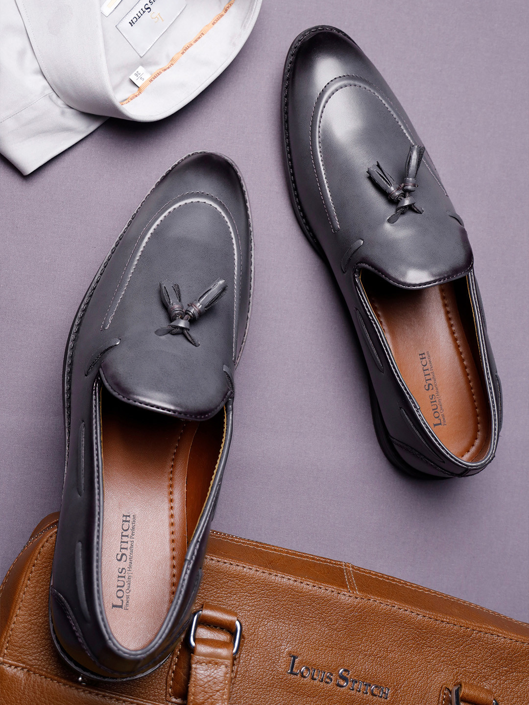 LOUIS STITCH Men Ash Grey Formal Slip-On Tassel Mocassin Shoes