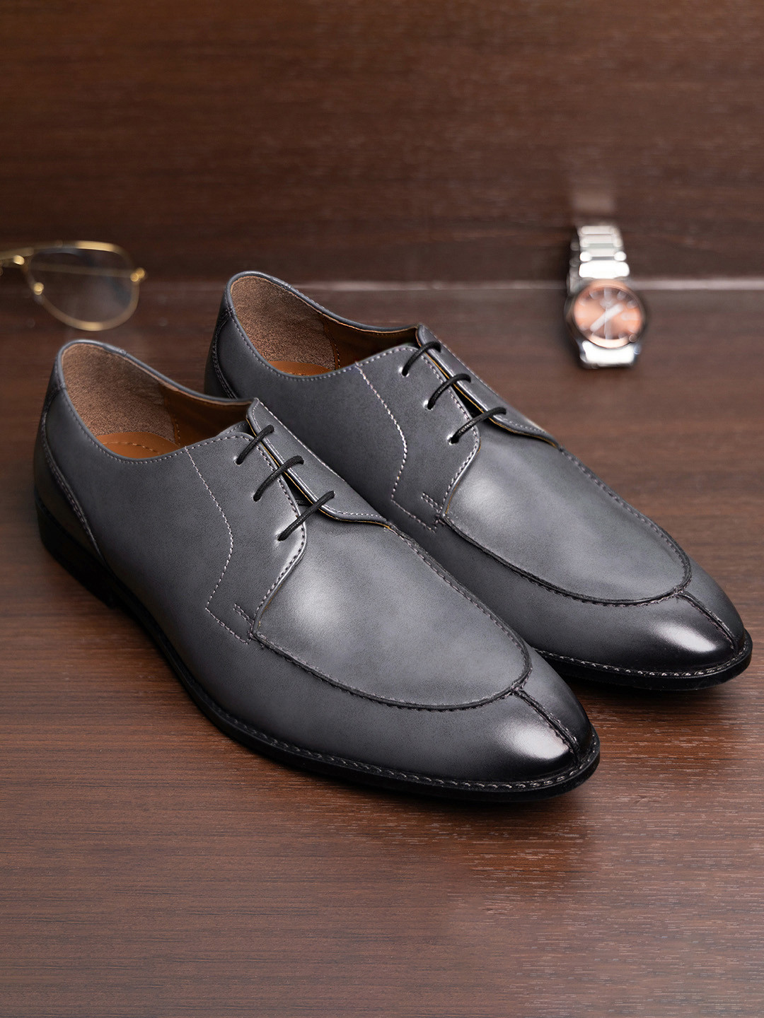 LOUIS STITCH Men Ash Grey Formal Lace Up Derby Shoes