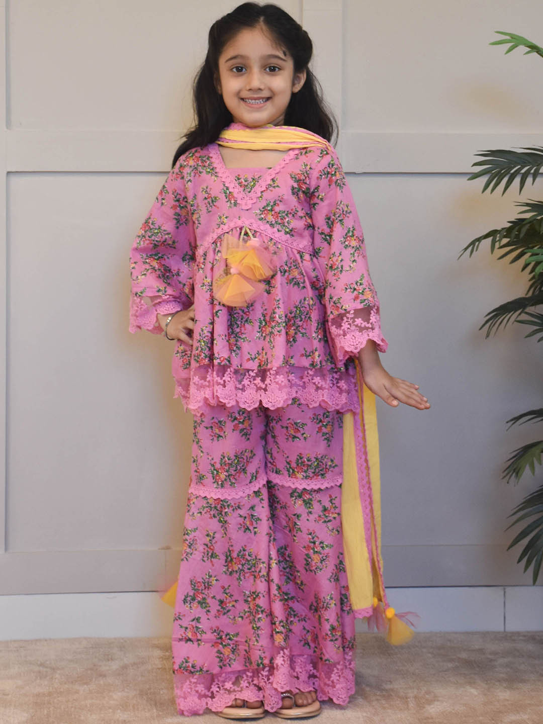 Fayon Kids Girls Floral Printed Regular Pure Cotton Kurti with Sharara & Dupatta