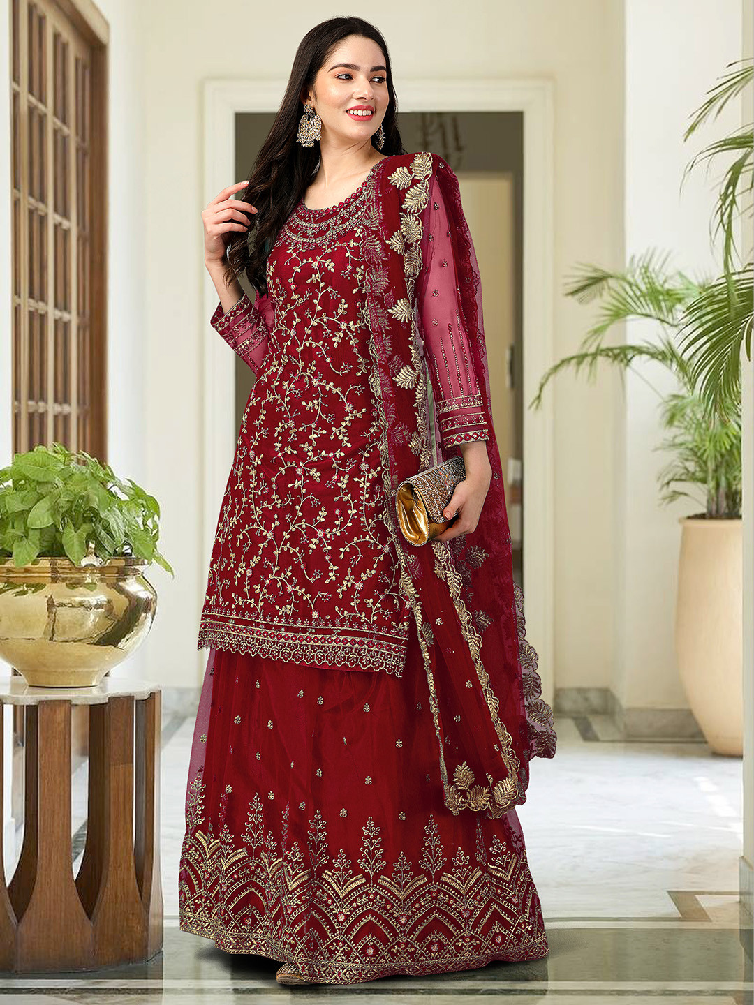 Trendmalls Floral Embroidered Straight Beads and Stones Kurta with Skirt & Dupatta