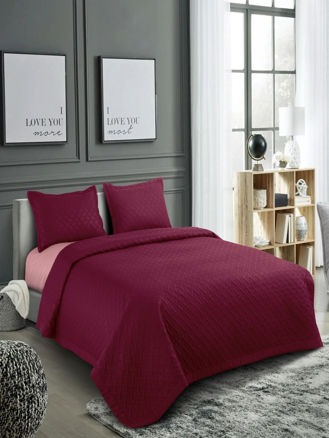 HOSTA HOMES Maroon Self Designed 280 GSM Double Queen Bed Cover With 2 Pillow Covers