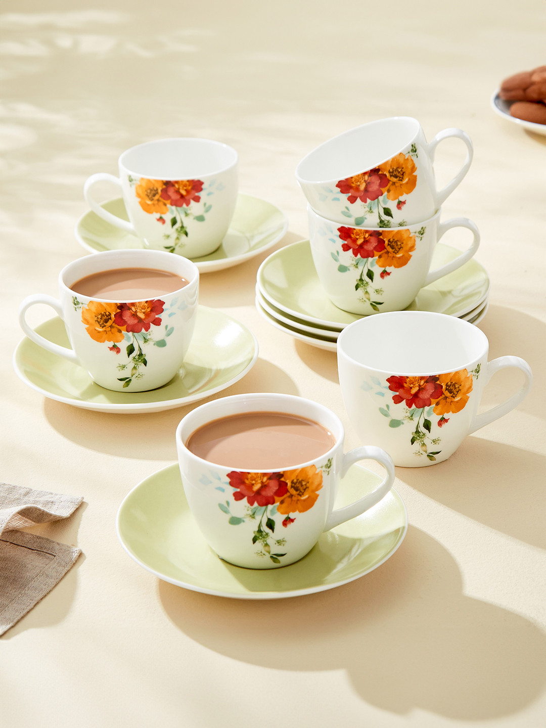 Home Centre Mandarin Harvey Green & Orange 12 Pieces Printed Cups & Saucers 210m Each