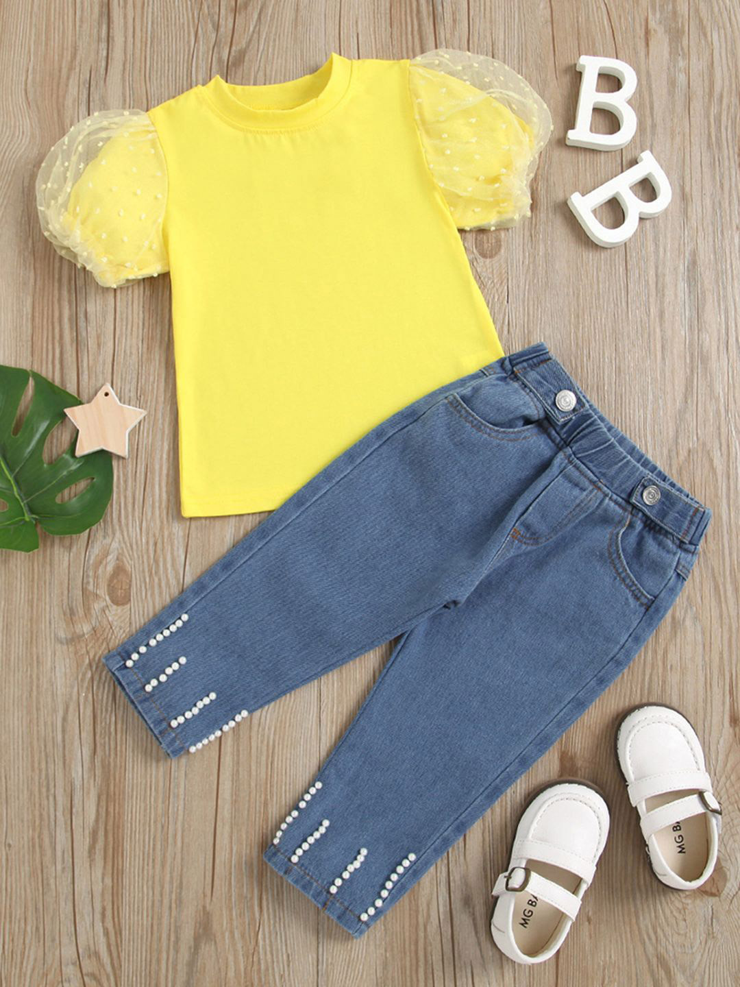 INCLUD Girls Short Sleeves Top With Denim Pants Set