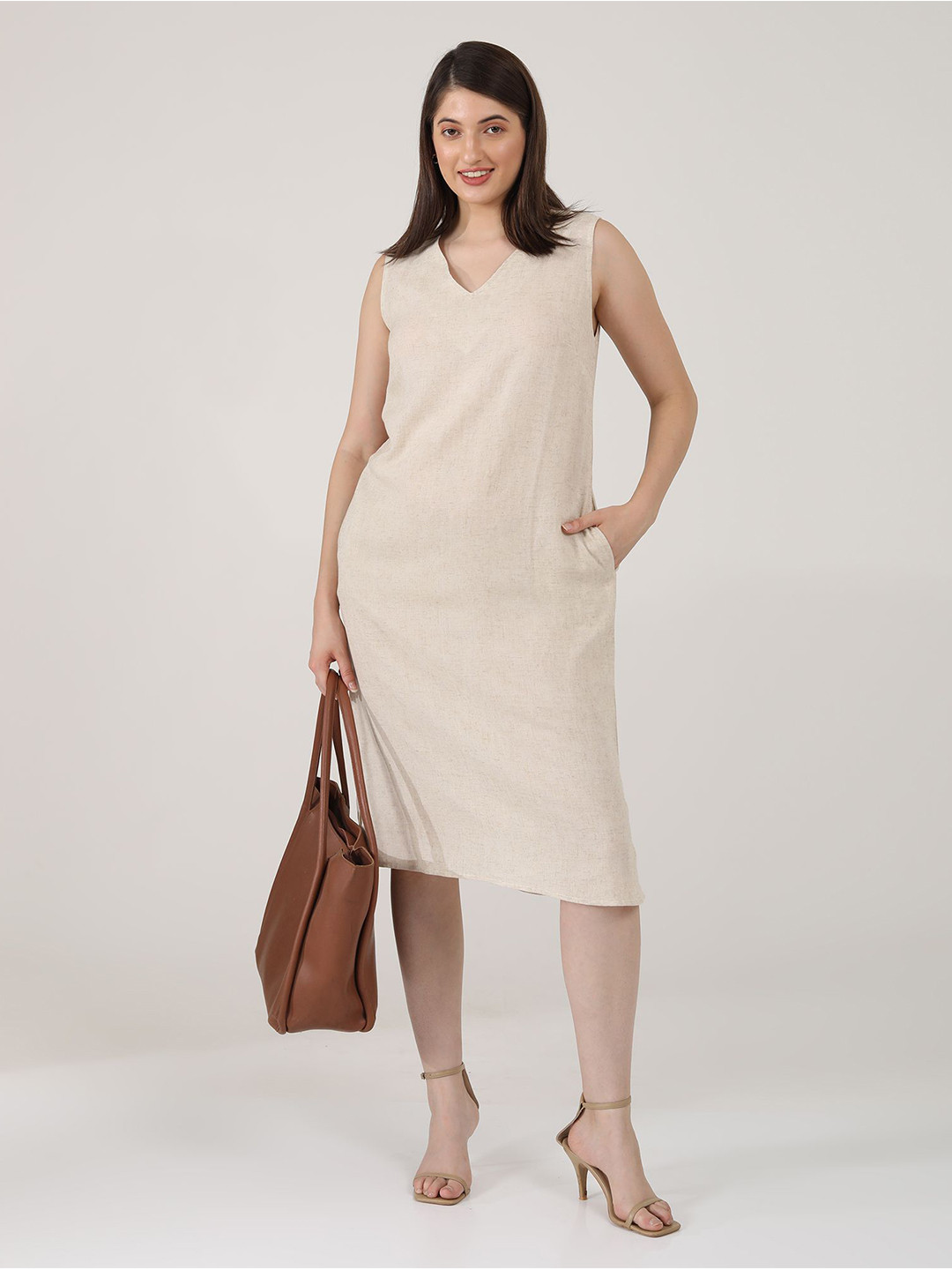 Saltpetre Women V-Neck Linen Midi A-Line Dress